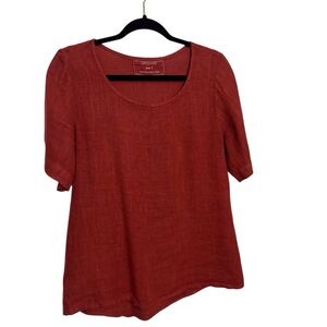 Grizas Small Burnt Orange Linen Top Short Sleeve Lagenlook Casual Cottagecore